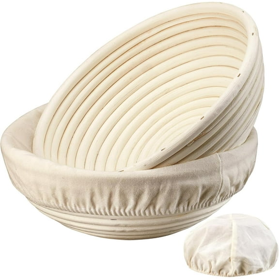 PLERISE 9 Inch Banneton Bread Proofing Basket Set of 2, Round Sourdough Baking Bowls with Liners, Handmade Rattan
