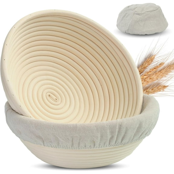 Banneton Bread Proofing Basket Set of 2, 9" Round Sourdough Banneton Baskets with Linen Liners, Premium Handmade Natural Indonesian Rattan, Bread Bowls for Rising and Baking