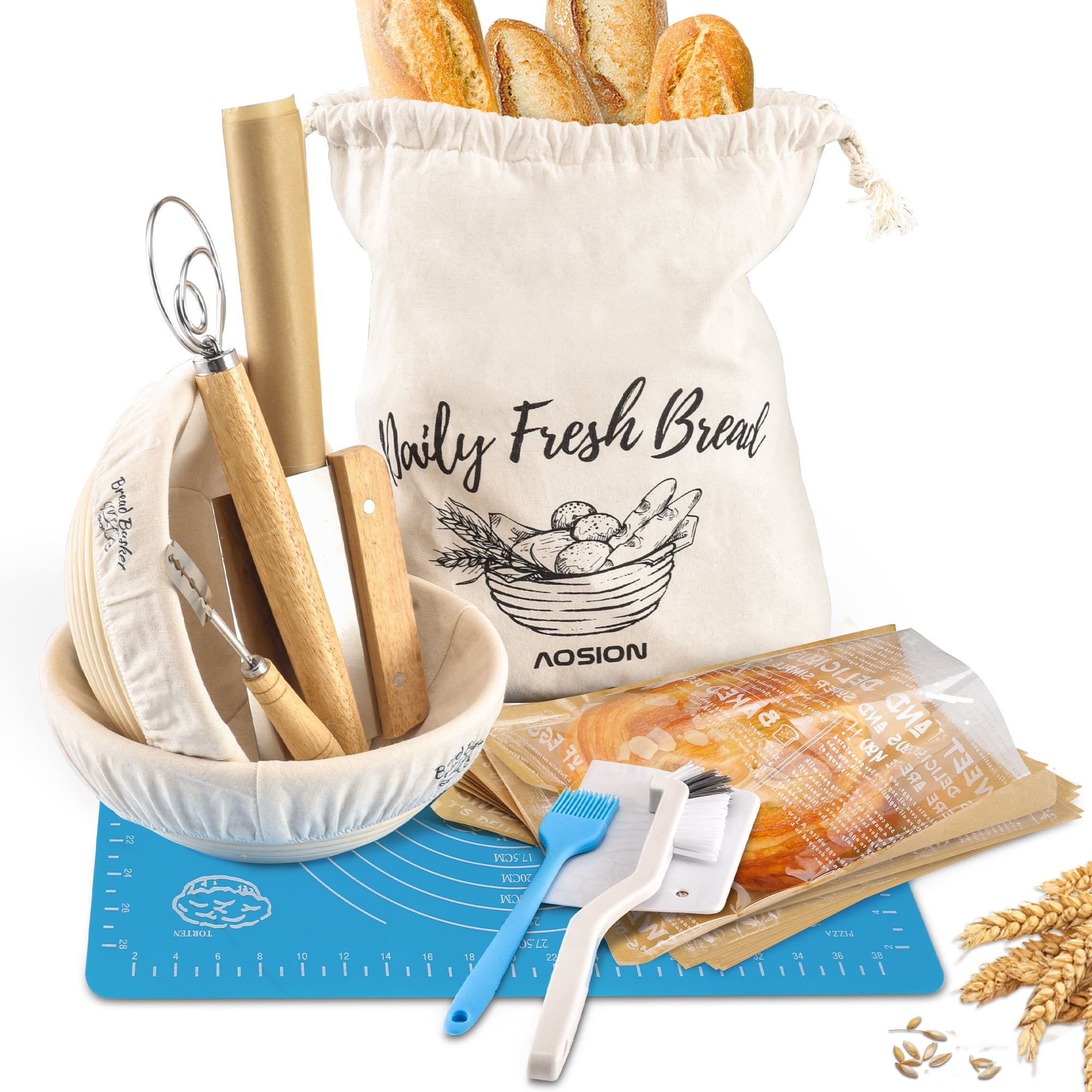 Banneton Bread Proofing Basket Set of 2,Sourdough Bread Kit,9" Round Basket,Bread Making Tools and Supplies,Include Linen Liner, Bread Bag, Danish Dough Whisk,Bread Lame,Bowl Scraper,Dough Scraper Kit