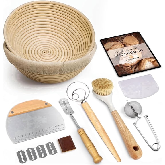 Banneton Bread Proofing Basket Set, 2x Round 9 Inch Bread Proofing Baskets, Bread Lame, Dough Whisk, Brush, Metal Scraper and Flour Duster, Sourdough Bread Baking Supplies and tools