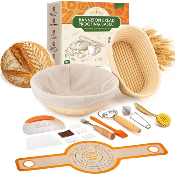 Banneton Bread Proofing Basket Set - Sourdough Starter Kit with 10" Round & 9" Oval Baskets, Linen Liners, Dough Whisk & Sourdough Bread Baking Supplies for Artisan Bread Making