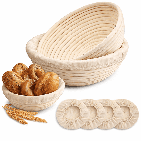 Banneton Bread Proofing Basket Set of 2, 9 Inch Round Natural Rattan Banneton with 4 Linen Liners, Bread Proofing Basket for Sourdough Baking