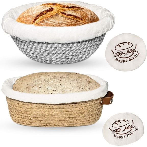 Banneton Bread Proofing Basket Sourdough Cotton Rope Baskets | Basket, 9''Round & 10''Oval With Liners Covers,