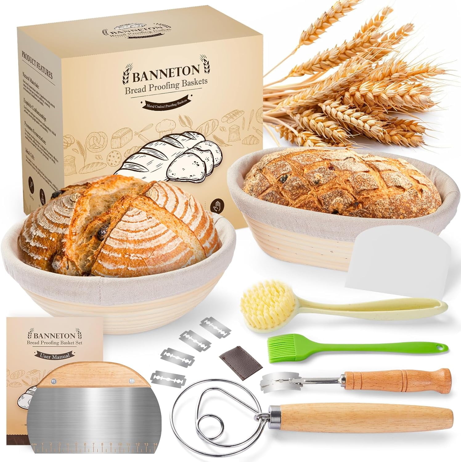 Natural Rattan Bread Proofing Basket Set with Accessories