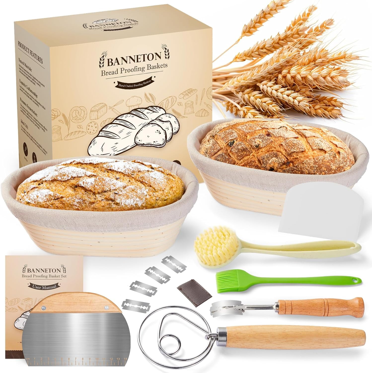 Natural Rattan Bread Proofing Basket Set with Accessories