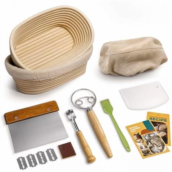 Banneton Bread Proofing Baskets Set of 2, 10 Inch Oval Cane Sourdough Bread Rising Basket Bowls with Sourdough Bread Lame Dough Scraper Basting Brush for Sour Dough Proofing Fermentation