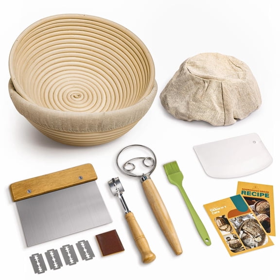 Banneton Bread Proofing Baskets Set Of 2 9 Inch Round Cane Sourdough Rising Basket With Making Tools Baking Supplies For Sour Dough Fermentation