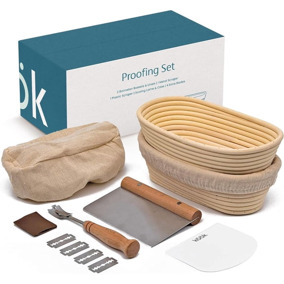 Banneton Bread Proofing Set, Artisan Sourdough Bread Making Kit, 9.8 Inch Rattan Baskets and Liners, Metal & Plastic, Scrapers, Scoring Lame & Case, 4 Extra , Set of 2, Oval