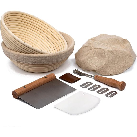 Banneton Bread Proofing Set, Artisan Sourdough Bread Making Kit with Round & Oval Rattan Baskets, Liners, Dough Scrapers, Scoring Lame + Blades, Brush & Dough Cover (Set of 2)