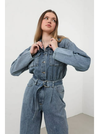  Women's Baggy Vintage Distressed Short Denim Jumpsuit Short  Sleeve Button Down Jean Jumpsuit Rompers,Blue,S : Clothing, Shoes & Jewelry
