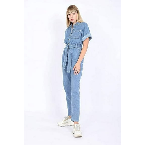 Banny Jeans ® Women Denim jumpsuits Short Sleeve Belted Collared Neck Button down dress