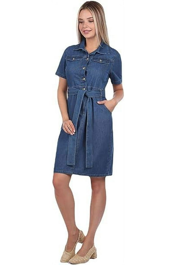 ® Women's Denim Short Sleeve Collared Neck Button Down shirt dress