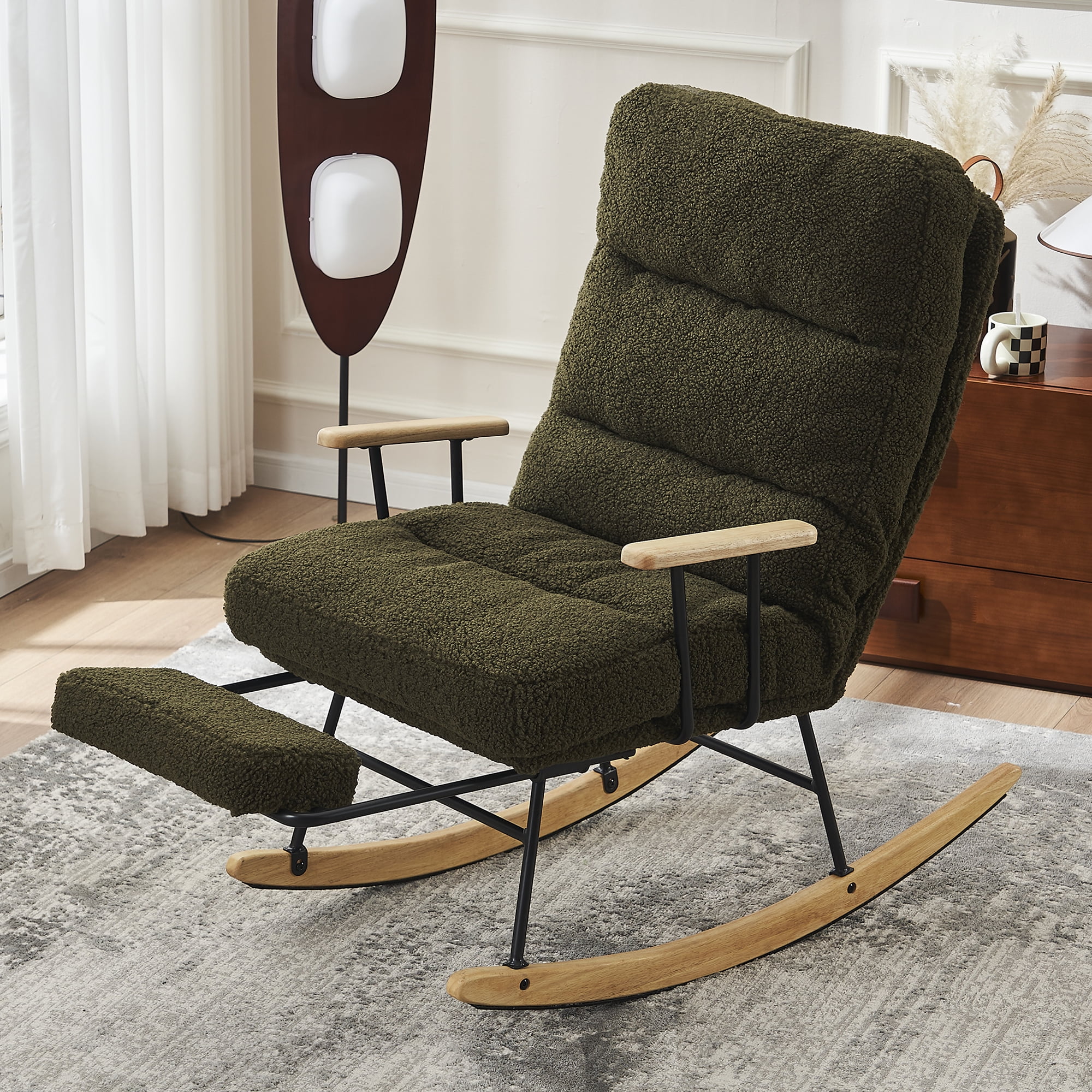 Banome Modern Teddy Gliding Rocking Chair with High Back - Retractable Footrest and Adjustable Back Angle - Perfect for Nursery, Living Room, and Bedroom