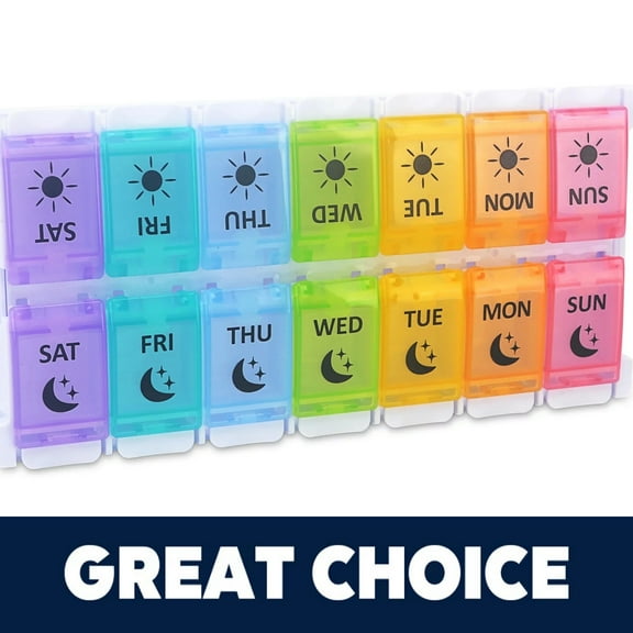 Banome Pill Organizer, Weekly Large Pill Box 2 Times a Day, Assorted Colors Pill Case with 14 Compartment & Push Button, Arthritis Friendly Medicine Organizer for Fish Oil/Vitamin/Supplements/Travel