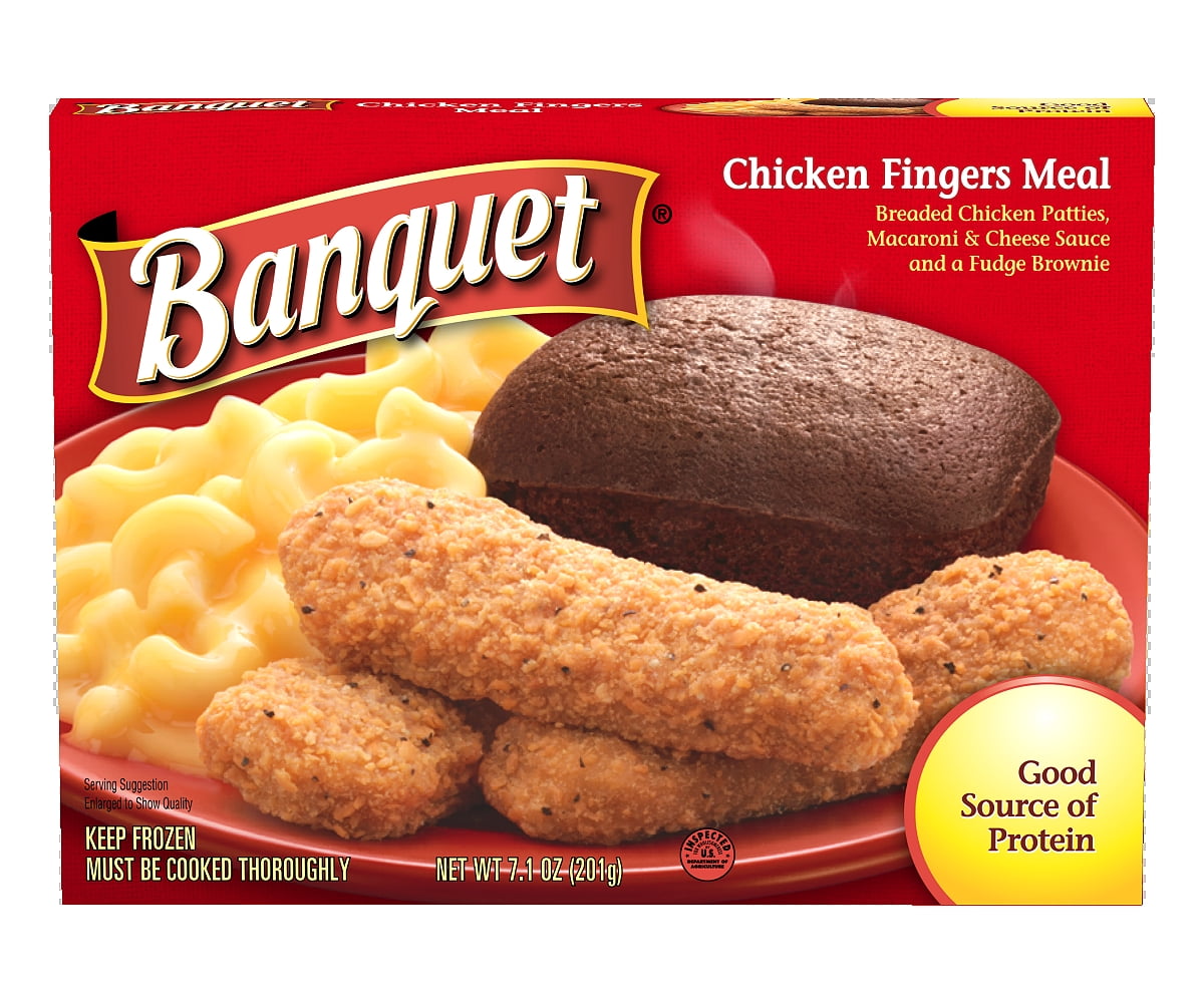 Banquet Breaded Chicken Patties, Macaroni & Cheese Sauce And A Fudge