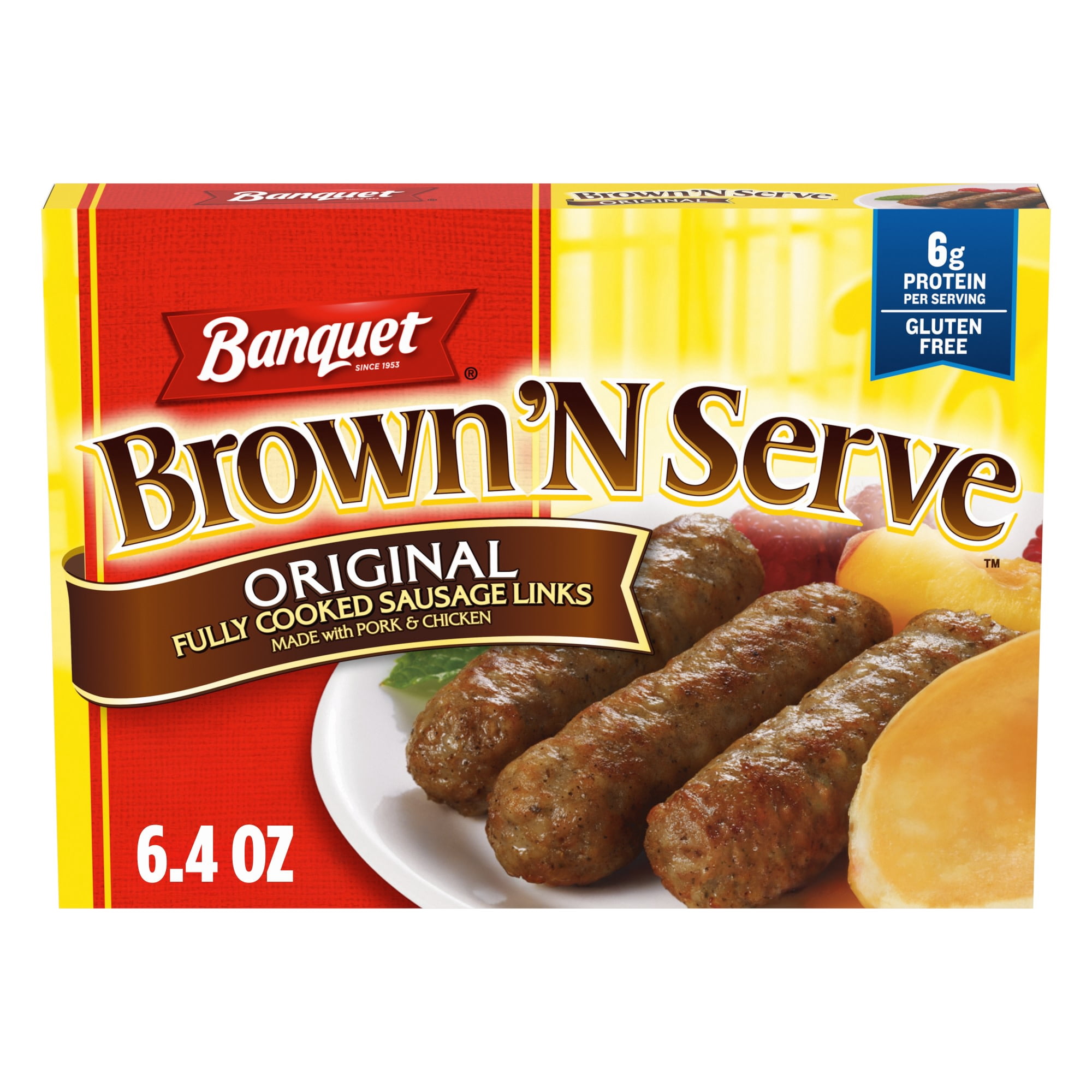 Banquet Brown 'N Serve Original Sausage Links, 6g Protein per Serving, Frozen Breakfast Sausage, 6.4 oz.