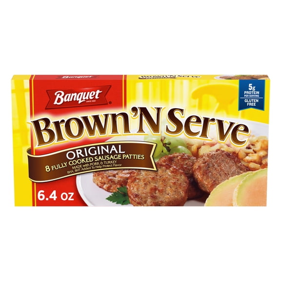 Banquet Brown'N Serve Original Fully Cooked Sausage Patties, Frozen Breakfast, 6.4 oz., 8-Count