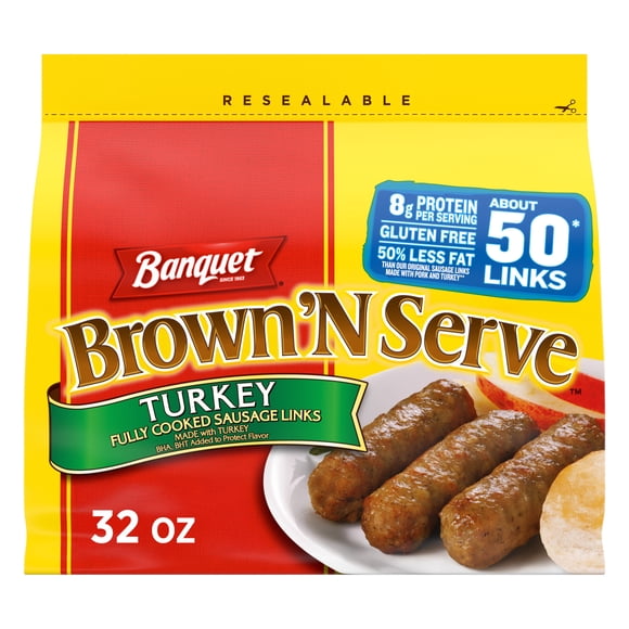 Banquet Brown 'N Serve Turkey Sausage Links, 8g Protein per Serving, Frozen Breakfast, 32 oz.