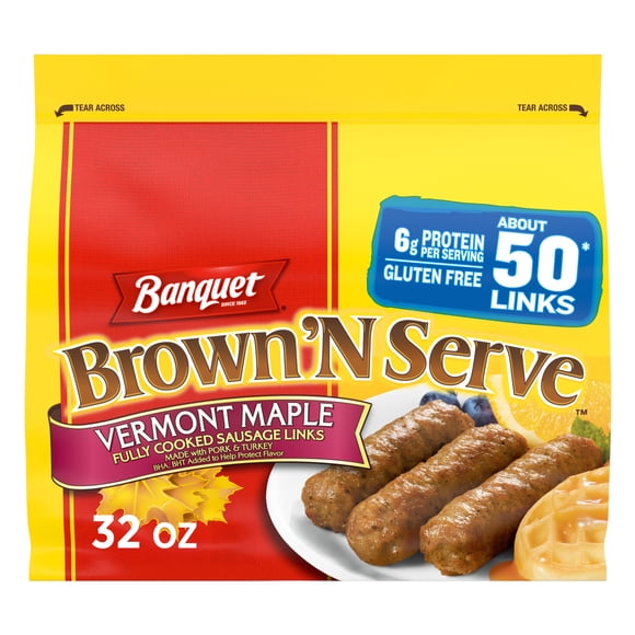 Banquet Brown 'N Serve Vermont Maple Sausage Links, 6g Protein per Serving, Frozen Breakfast, 32 oz.