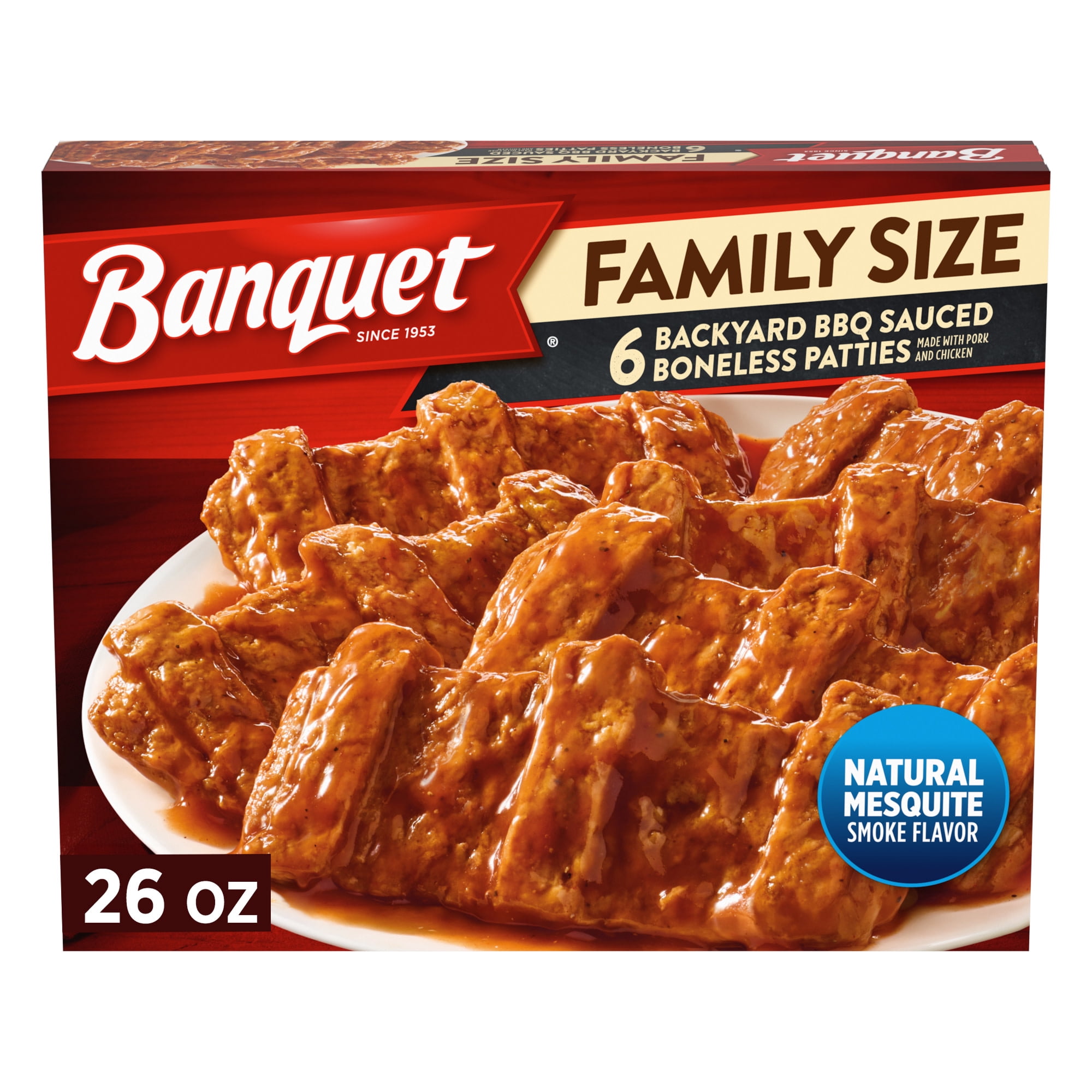 Banquet Family Size Backyard BBQ Boneless Patties, 9g Protein per Serving, Frozen Meal, 26 oz.