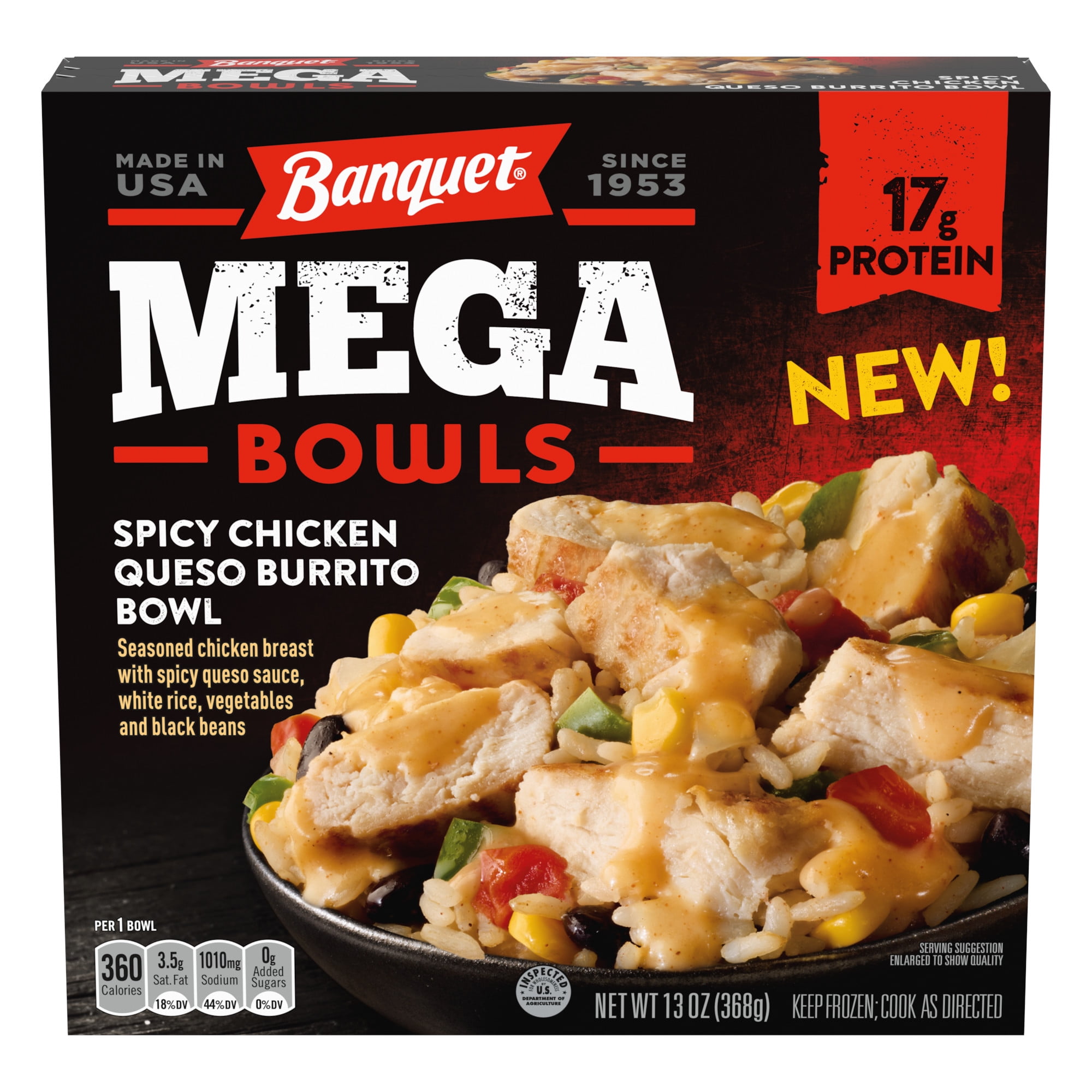 Banquet MEGA Bowls Spicy Chicken Queso Burrito Bowl, Frozen Meal, 13 oz. Bowl