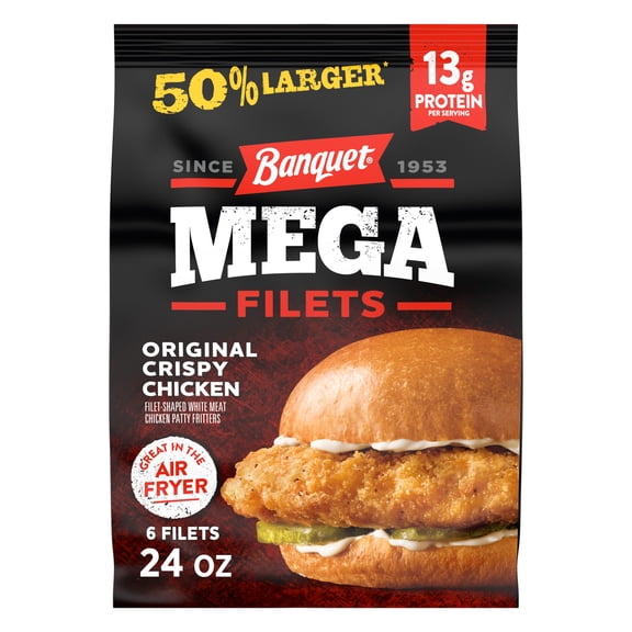 Banquet MEGA Filets Original Crispy Chicken Filets, 14g of Protein, Frozen Meal, 24 oz., 6-Count