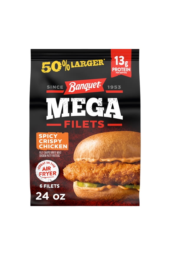 MEGA Filets Spicy Crispy Chicken Filets, 13g Protein per Serving, Frozen Meal, 24 oz., 6-Count