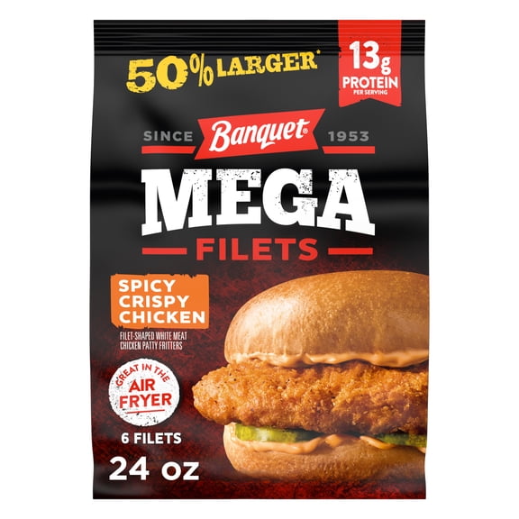 Banquet MEGA Filets Spicy Crispy Chicken Filets, 13g of Protein, Frozen Meal, 24 oz., 6-Count