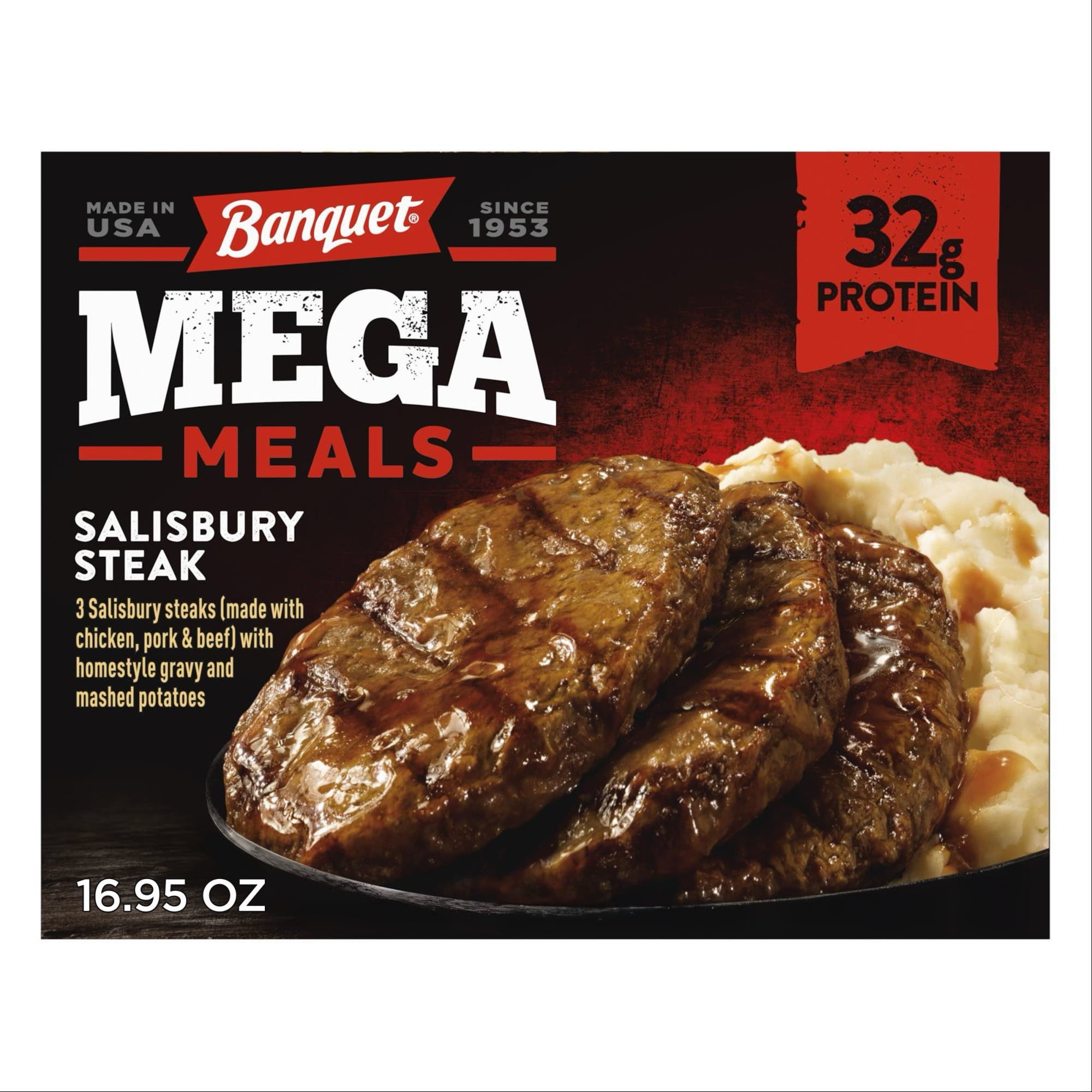 Banquet Mega Meals Salisbury Steak with Mashed Potatoes, Frozen Meal, 16.95 oz.