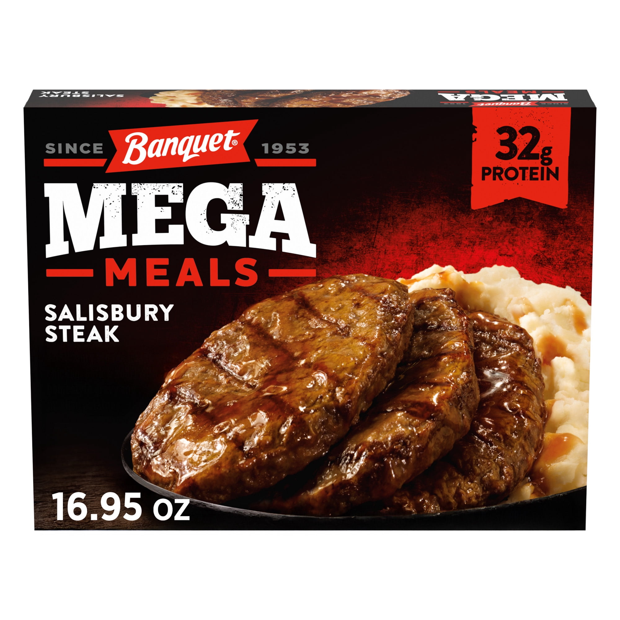Banquet Mega Meals Salisbury Steak with Mashed Potatoes, 32g Protein, Frozen Meal, 16.95 oz.