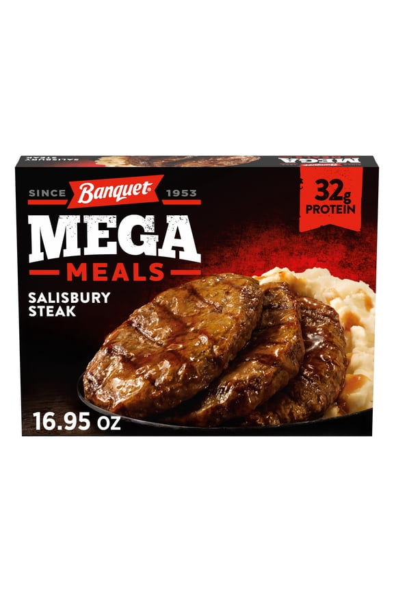 Mega Meals Salisbury Steak with Mashed Potatoes, 32g Protein, Frozen Meal, 16.95 oz.