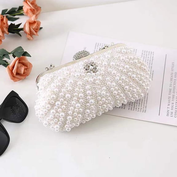 Banquet bag inlaid pearl bag bride bridesmaid handbag cheongsam dresses bag chain sliding crossbag/Off White