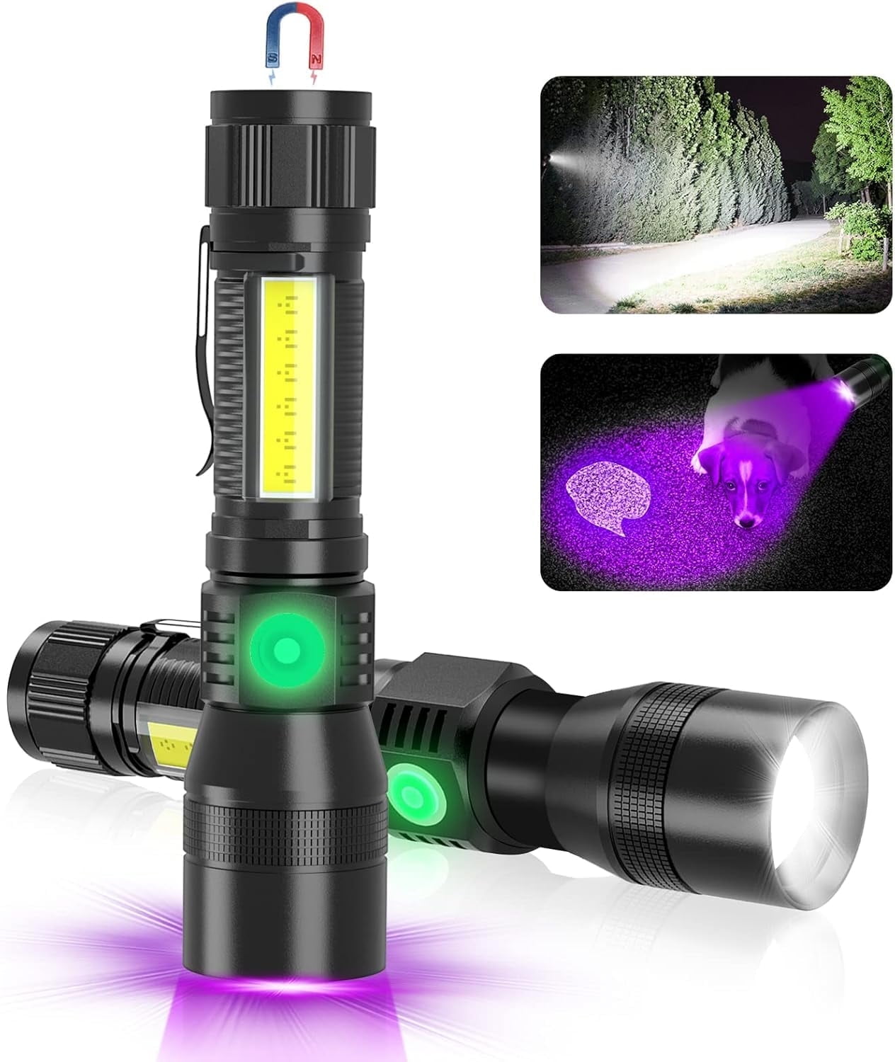 Banral 2 Pack 1000 High Lumens UV Rechargeable Flashlights,3 in 1 Bright Pocket Flash Light for Stains Detection Camping Emergency,Magnetic Base