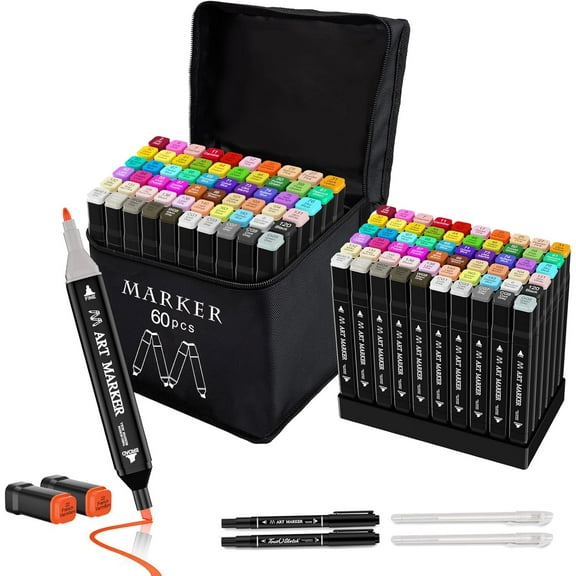 Banral 60 Colors Alcohol Markers Set,Dual Tip Alcohol Based Art Marker for All Aged with Case and Holders foDrawing,Sketching