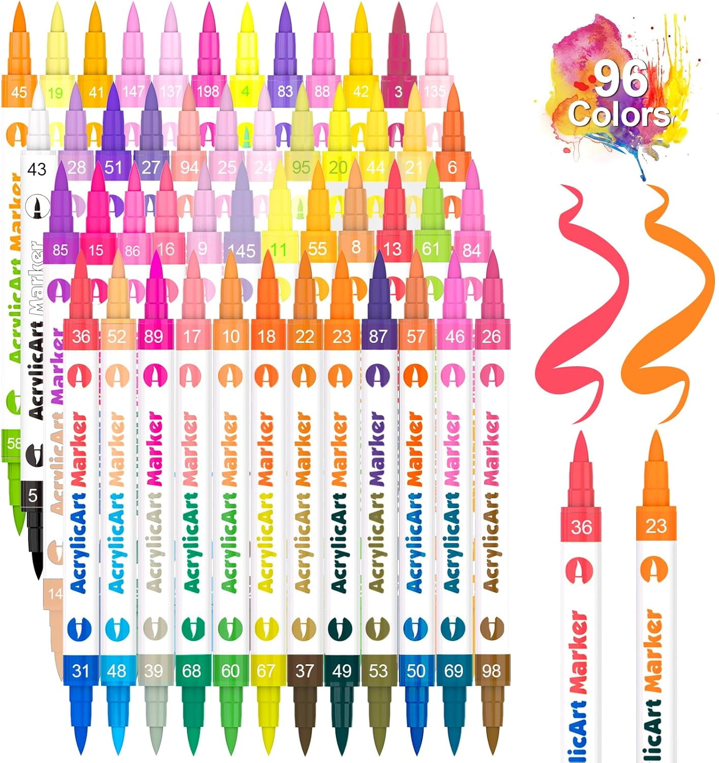Banral 96 Colors Acrylic Paint Pens Markers, 48Pcs Upgraded Dual Brush Tip and Dual Colors Paint Pens for Rock Painting, Stone, Wood, Calligraphy, Canvas, Ceramic, Metal, Glass, DIY Crafts