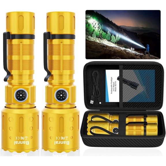 Banral Flashlights High Lumens Rechargeable, Super Bright Long Range Small Powerful Flashlight, 6 Modes LED Tactical Pocket Waterproof Flash Light for Home Emergency (2, Yellow Gold)