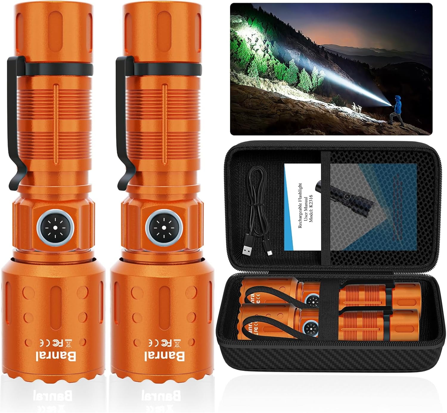 Banral Flashlights High Lumens Rechargeable, Super Bright Long Range Small Powerful Flashlight, 6 Modes LED Tactical Pocket Waterproof Flash Light for Home Emergency (2, Orange)