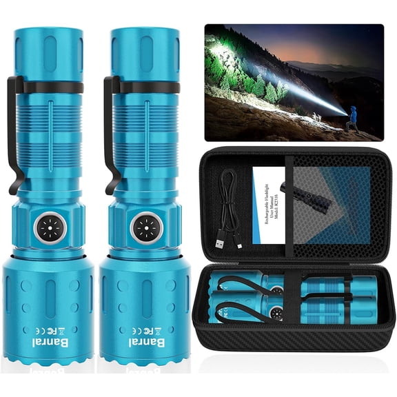 Banral Flashlights High Lumens Rechargeable, Super Bright Long Range Small Powerful Flashlight, 6 Modes LED Tactical Pocket Waterproof Flash Light for Home Emergency (2, Turquoise)