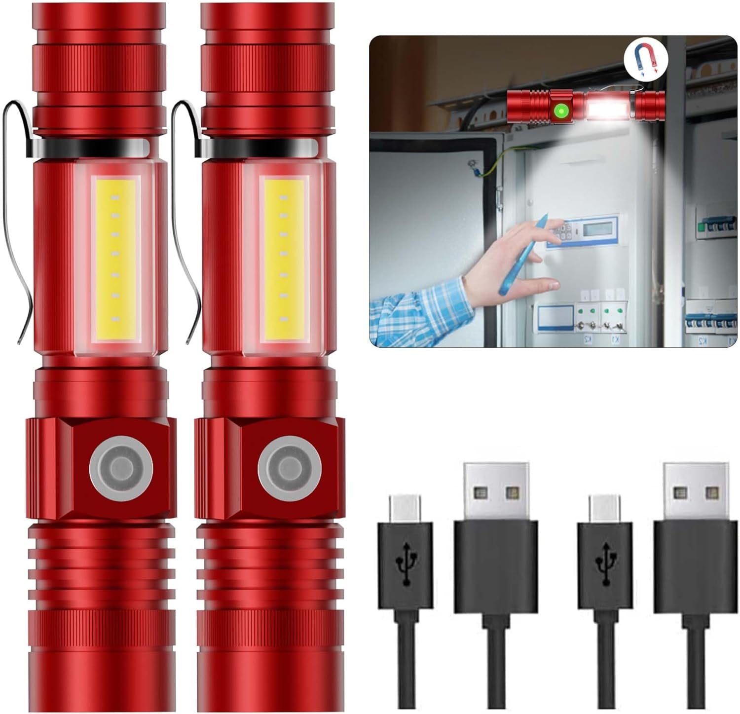 Banral Magnetic LED Flashlight,USB Rechargeable Powerful Flashlight with Cob Sidelight for Camping, Emergency -Red