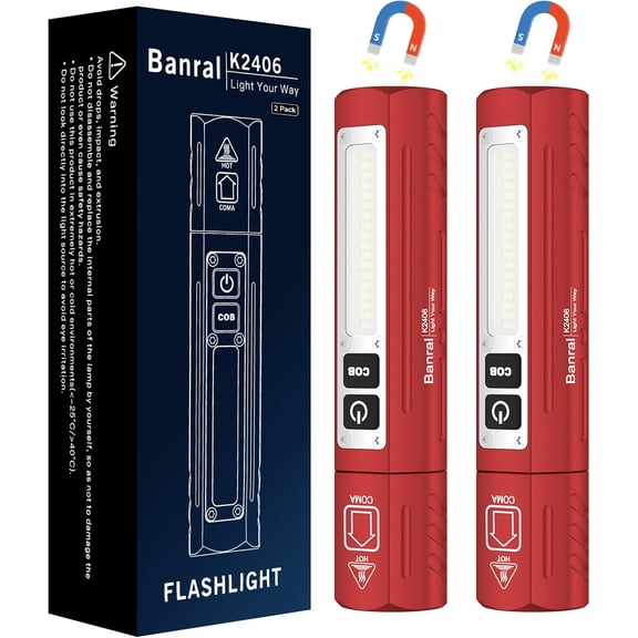 Banral Rechargeable Tactical Flashlights High Lumens - Super Bright Small Powerful LED Magnetic USB C Flashlight, 8 Modes, Dual Button Waterproof Pocket Flash Light for Emergency, Car (2, Red)