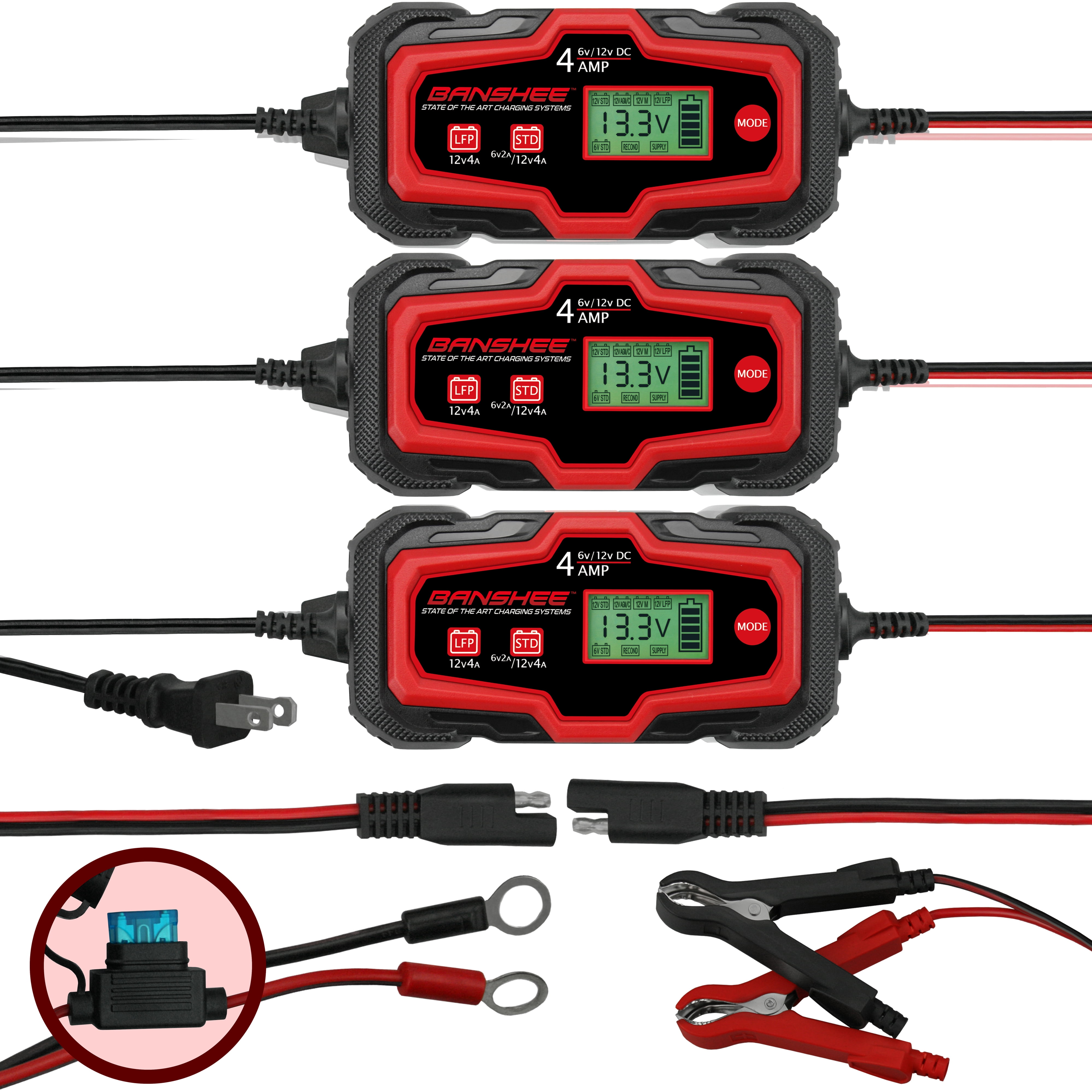 Banshee 612V & 4A Maintainer Trickle Battery Charger for Harley Davidson Motorcycles, Pack of 3