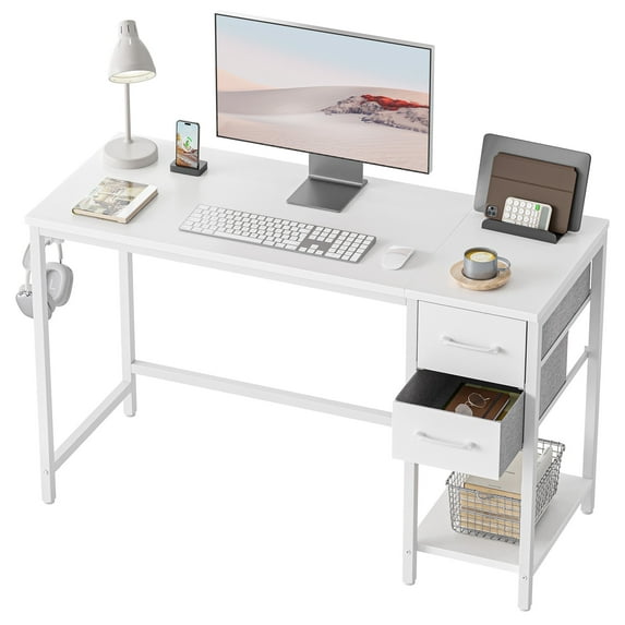 Banti 40" Modern Computer Desk with Drawers and Shelf, Reversible Storage, Small Study Table for Home Office, Bedroom or Dorm, White