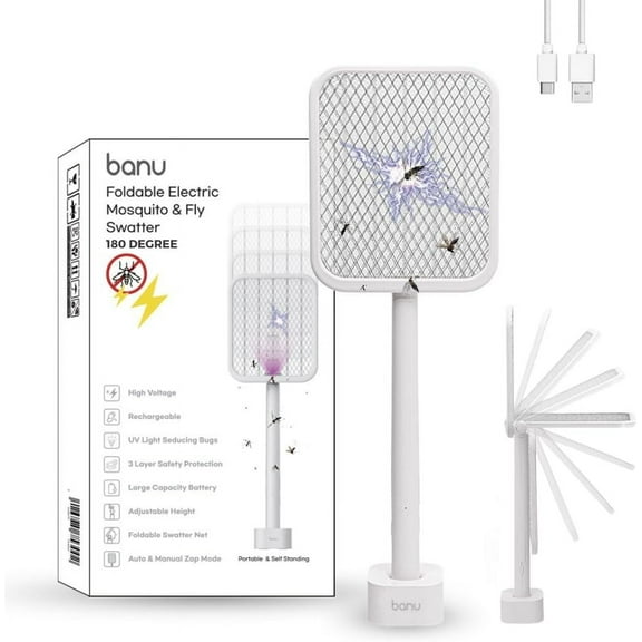 Banu Electric Fly Swatter Bug Zapper Racket, 180-Degree Folding, Adjustable 2-in-1 Mosquito Killer Lamp, Rechargeable 1200mAh Battery, 3-Layer Safety Mesh, Suitable for Indoor and Outdoor Use