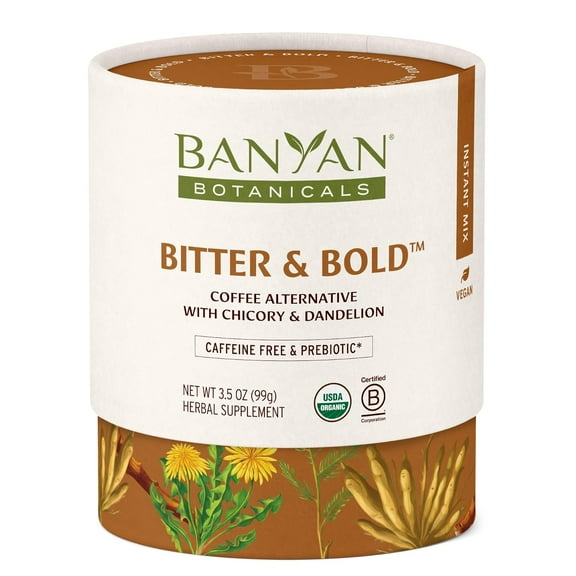 Banyan Botanicals Bitter & Bold Organic Caffeine-Free Herbal Coffee Alternative Milk Thistle, Chicory, and Dandelion Coffee Alternative for Balanced Energy 3.5 oz Fair for Life, Non-GMO, Vegan