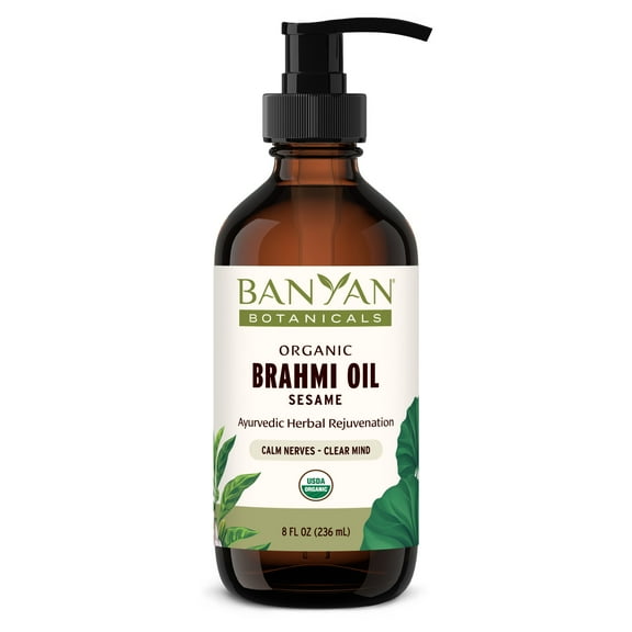 Banyan Botanicals Brahmi Oil with Sesame Base – Organic Ayurvedic Massage Oil with Gotu Kola and Bacopa ­­– Calming Massage Oil for Focus & Relaxation – 8 oz – NonGMO Sustainably Sourced Abhyanga Oil
