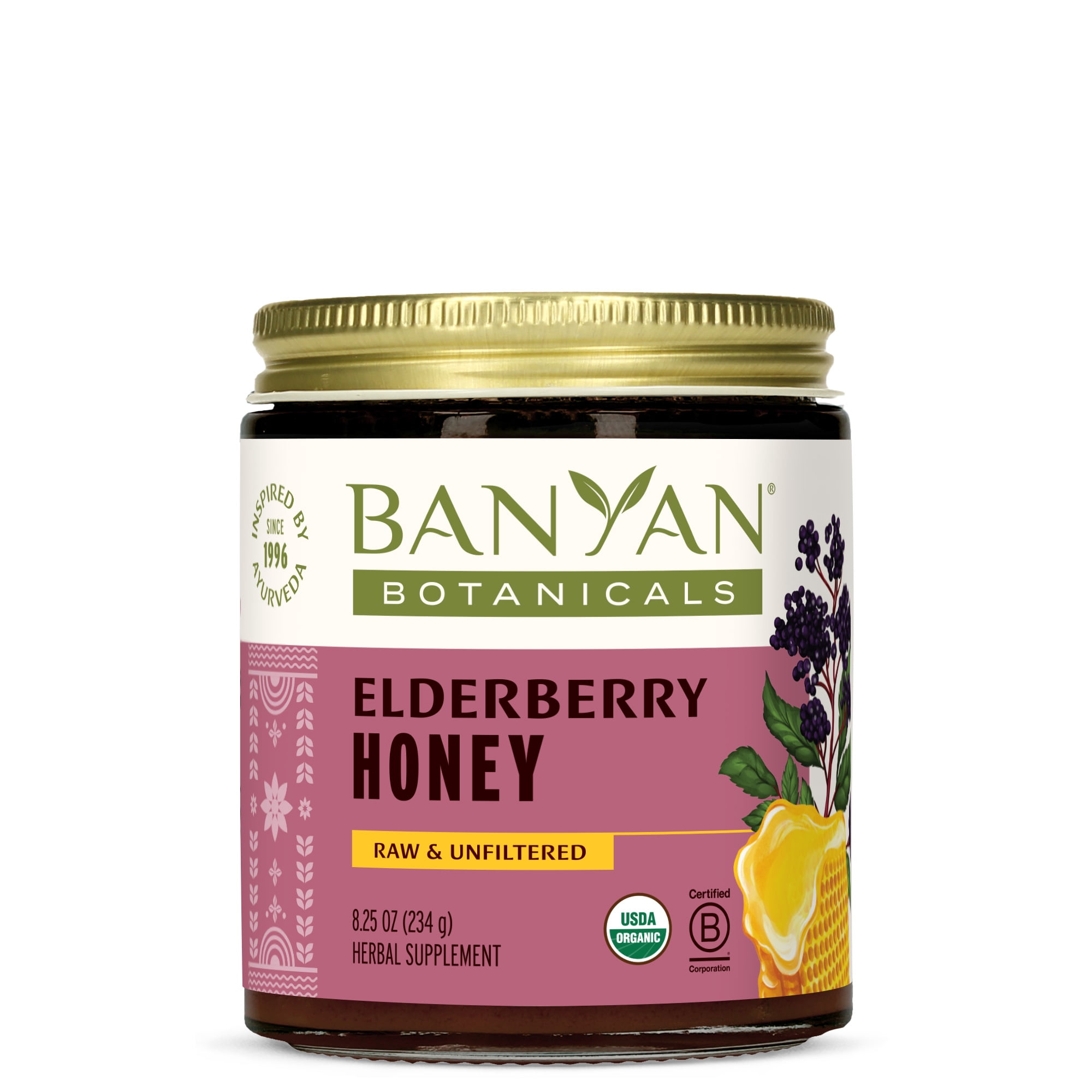 Banyan Botanicals Elderberry Honey – Organic Herbal Honey with Sambucus & Amla ­­– Immune Support for Kids & Adults* – 8.25 Oz – Raw & Unfiltered, Pollinator-Friendly, Sustainably Sourced