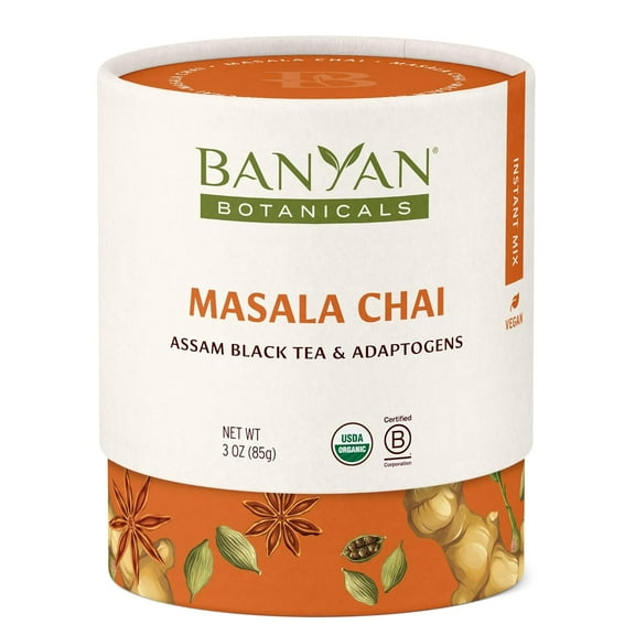 Banyan Botanicals Masala Chai  Organic Masala Chai Tea with Assam Black Tea and Adaptogenic Herbs  Moderately Caffeinated Tea for Calm, Balanced Energy  3 oz  Fair for Life, Non-GMO, Vegan
