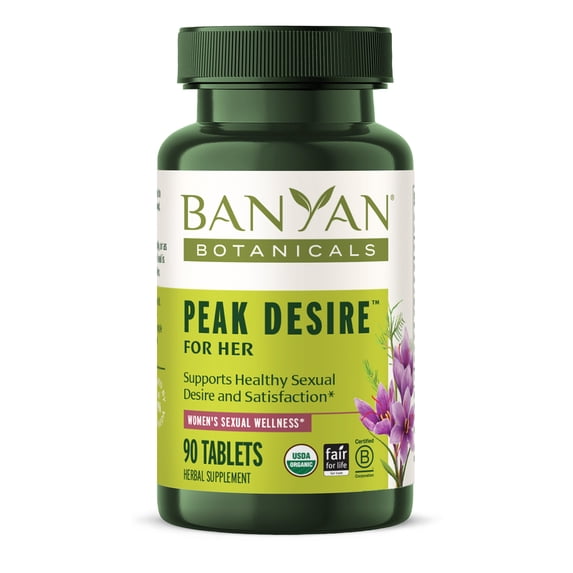 Banyan Botanicals Peak Desire for HER – Organic Herbal Blend for Healthy Libido, Arousal & Satisfaction* – Women's Sexual Wellness* – with Shatavari & Saffron – 90 tablets – Vegan Non-GMO Fair Trade
