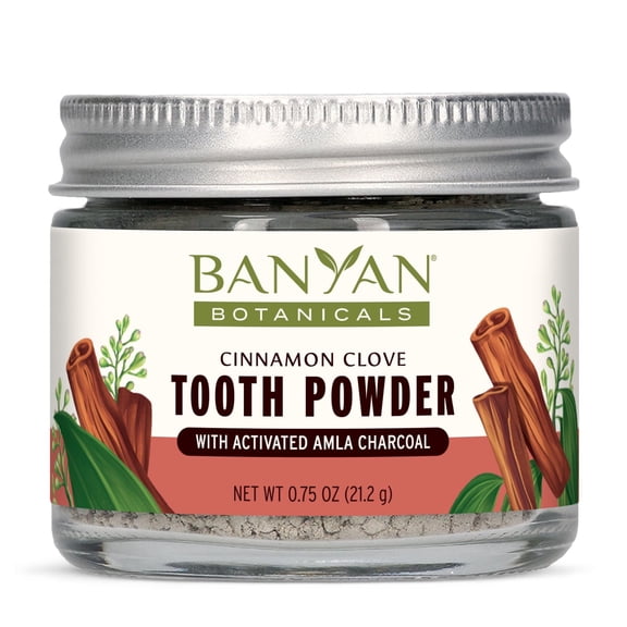 Banyan Botanicals Cinnamon Clove Tooth Powder – Ayurvedic Fluoride-Free Toothpaste Alternative with Miswak & Activated Charcoal from Amla – 0.75oz, 80+ Uses – Non GMO Sustainably Sourced Vegan