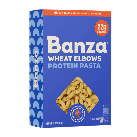 Banza Wheat Protein Elbows Pasta 22g Protein per Serving, No-Compromises Taste & Texture, Powered by Chickpeas, 12oz